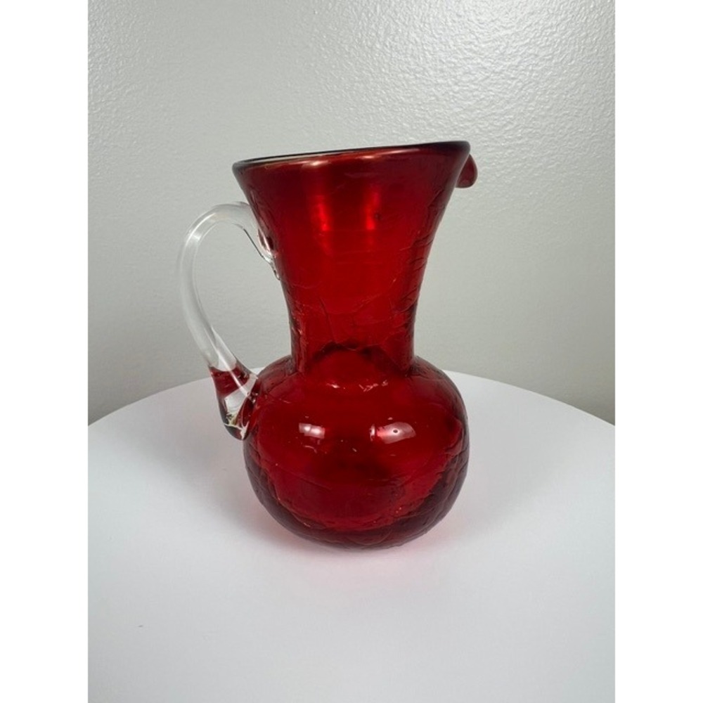 Vintage Ruby Red Crackle Glass Mini Pitcher Hand Blown Clear Handle 4.25"